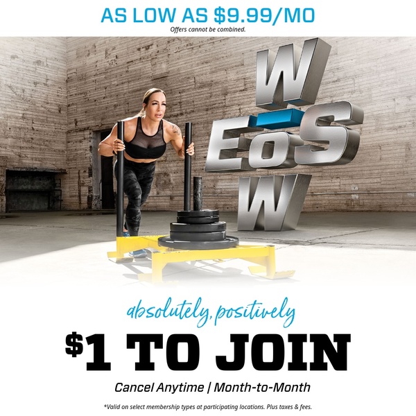 A 1:1 format ad creative featuring a gym member pushing a weight sled, emphasizing a $1 to join offer.